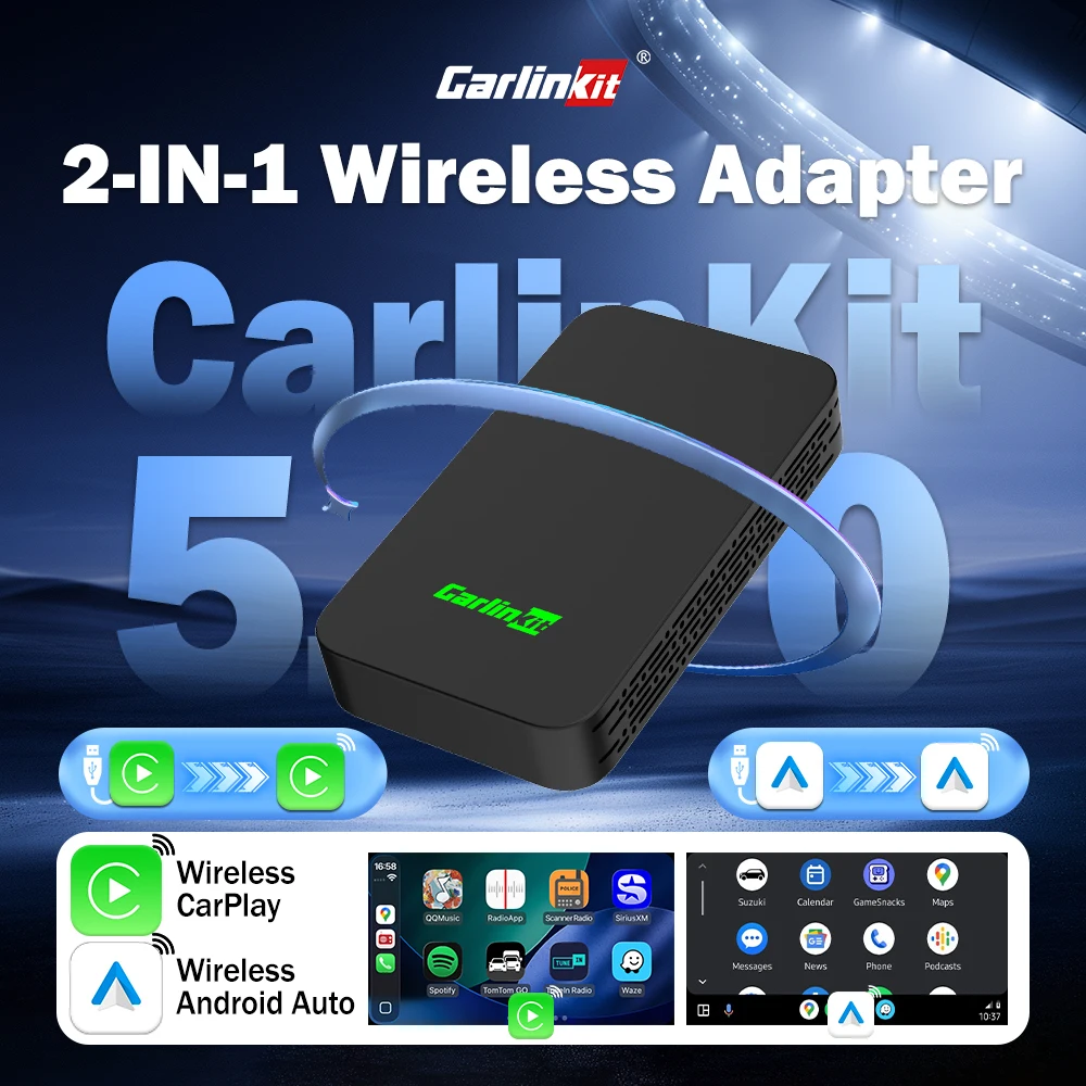 

Беспроводной адаптер CarlinKit 5.0 C2Air 2-в-1 для подключения CarPlay и Android Auto (проводное подключение к беспроводному) с автоматическим подключением для OEM-автомобилей, онлайн-обновление, коробка для установки