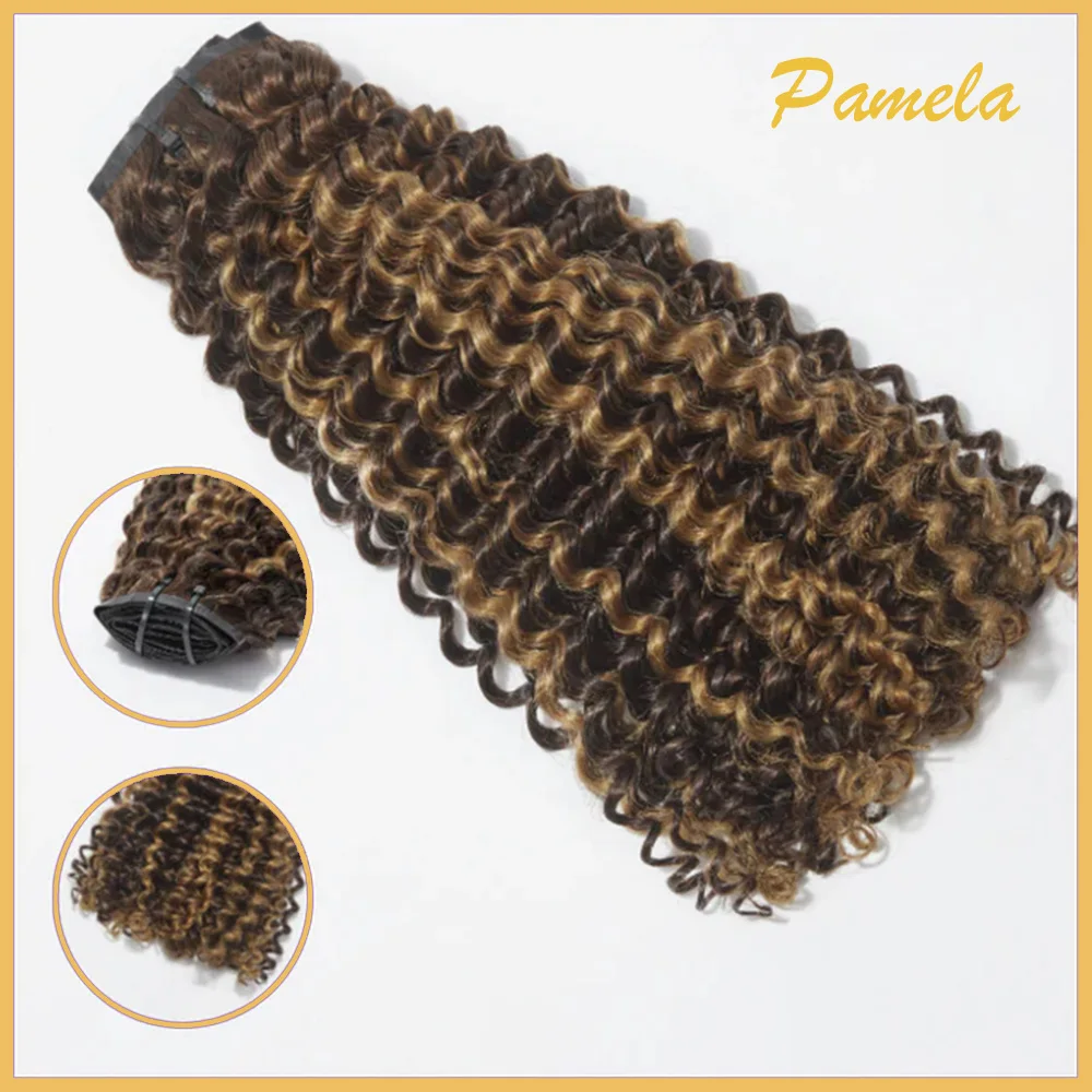 Extensions de cheveux naturels à reflets bruns sans couture, 120g, 9/7 pièces, Clip bouclé, couleur naturelle