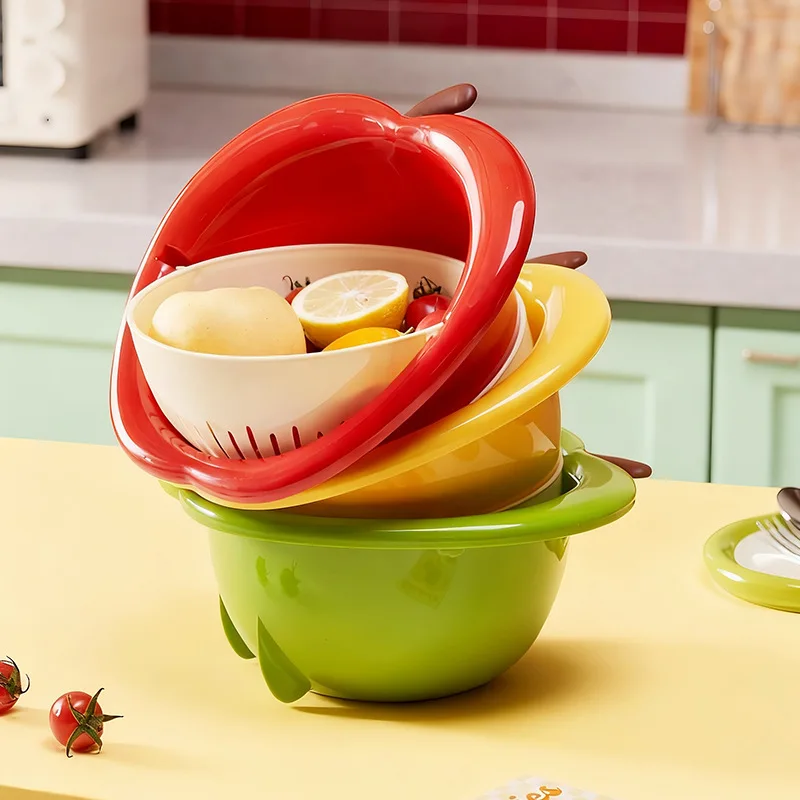 Two-In-One Cute Fruit-Shaped Draining Basket, Double-Layer Detachable Water Filter Basket, Creative Apple Design, Available in Red/Yellow/Green, Kitchen Sink Basin for Washing Fruits and Vegetables