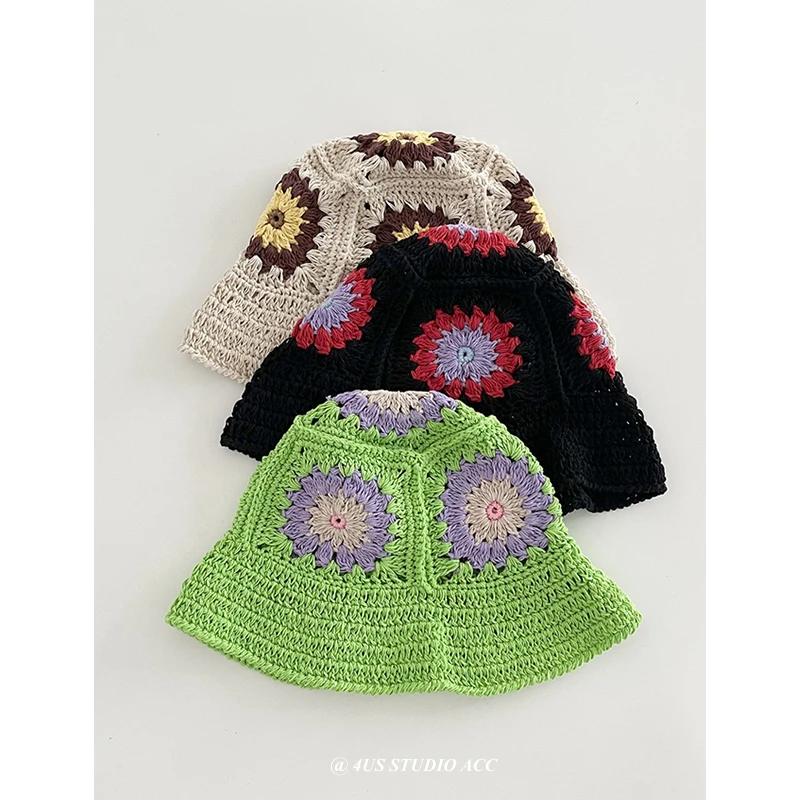 

Dopamine Fresh Hollow Flower Basin Cap Spring and Summer Travel Versatile Hand Knitted Show Face Small Bucket Hats for Women