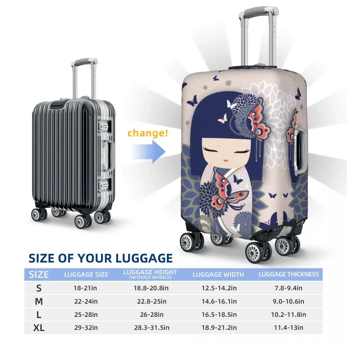 Kokeshi Doll Cherry Blossoms Luggage Cover Protector Fashion Japanese Kimono Geisha Girl Travel Suitcase Covers for 18-32 Inch