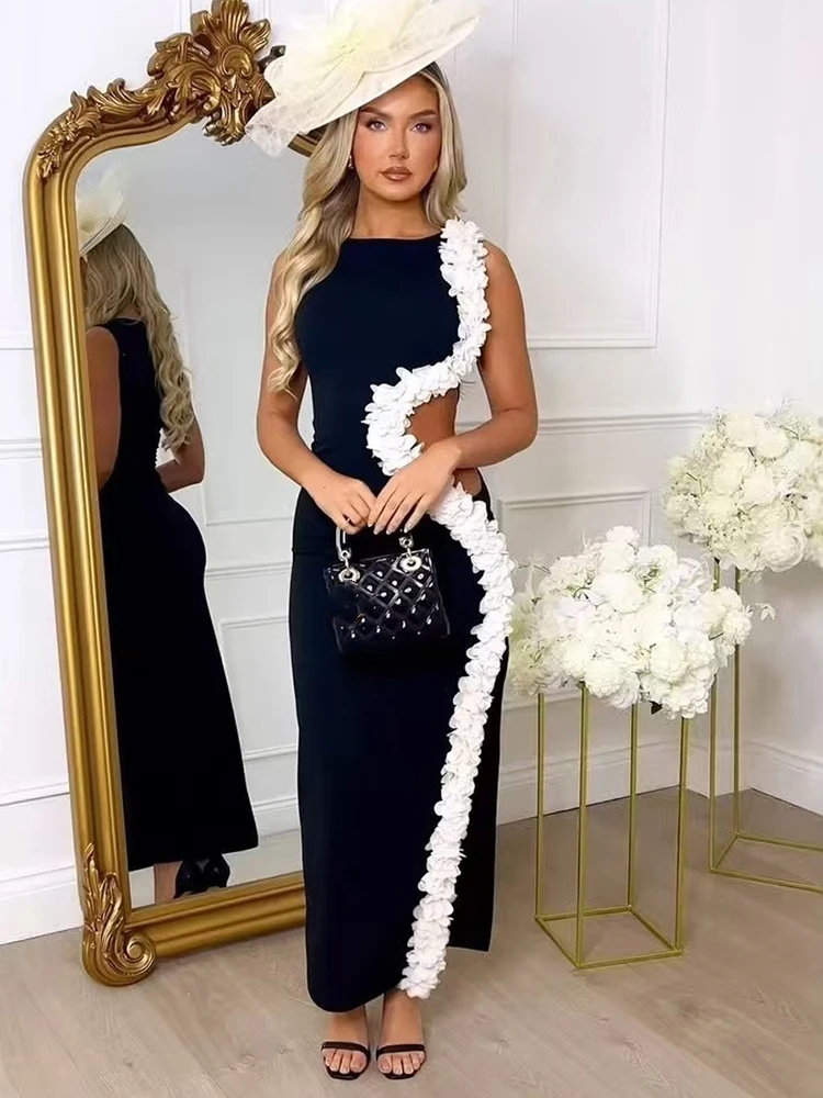 

Sexy O Neck Hollow Out Ruffles Patchwork Bandage Dress Women Black Sleeveless Split Bodycon Dresses Evening Party Celebrity Gown