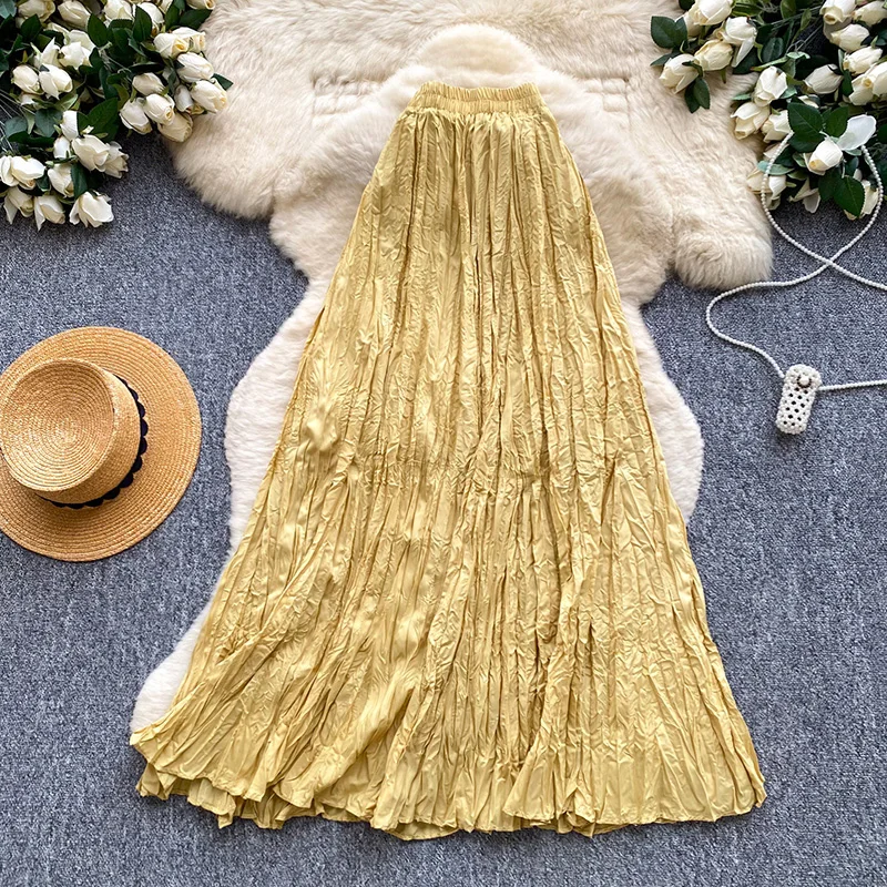 Japanese Style Pleated Midi Skirt Women High Waist A-Line Flowy Long Skirt Slim Fit Office Lady Fall Winter Female Asian SK128