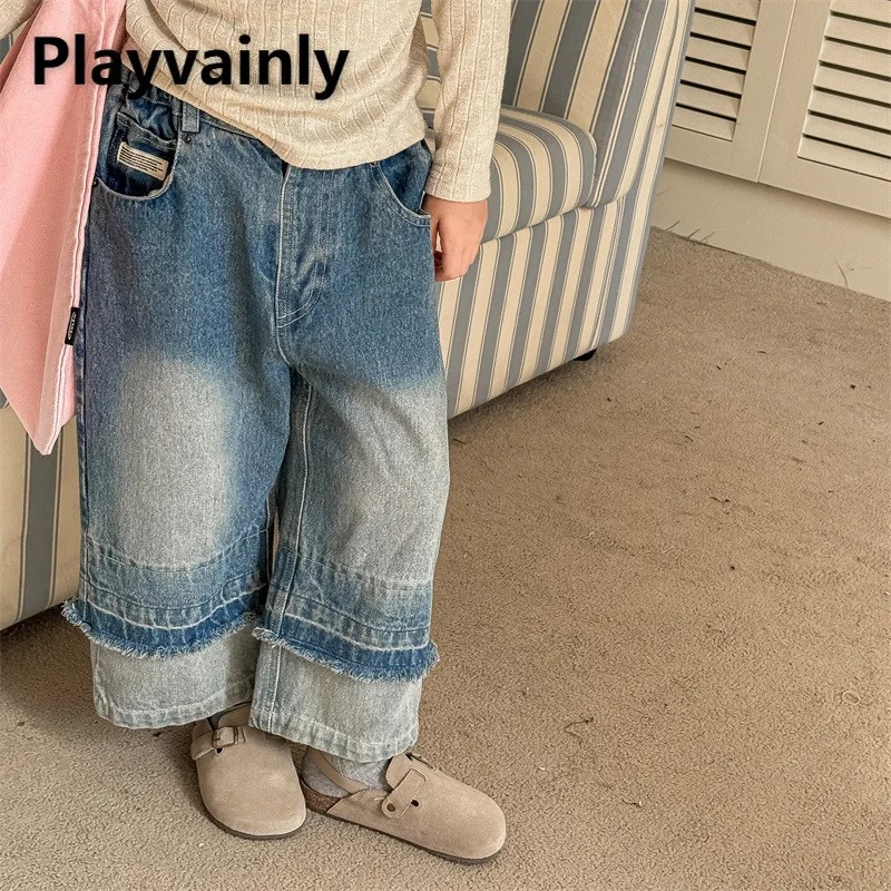 

Korean Style Spring Autumn Children Patchwork Jeans Blue Black Elastic Waist Loose Straight Leg Pants Girls Denim Trousers A5517