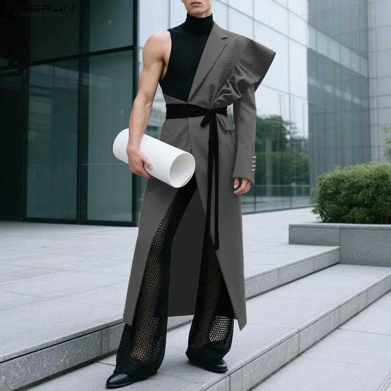 

INCERUN Men Irregular Blazer Patchwork Ruffle Long Sleeve Long Style Blazer Men Streetwear Fashion Casual Male Suit Personality