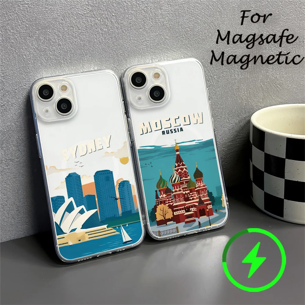 Paris Sydney Moscow Scenery Building Phone Case For IPhone 15 14 13 12 11 Transparent Magnetic Suction Cover