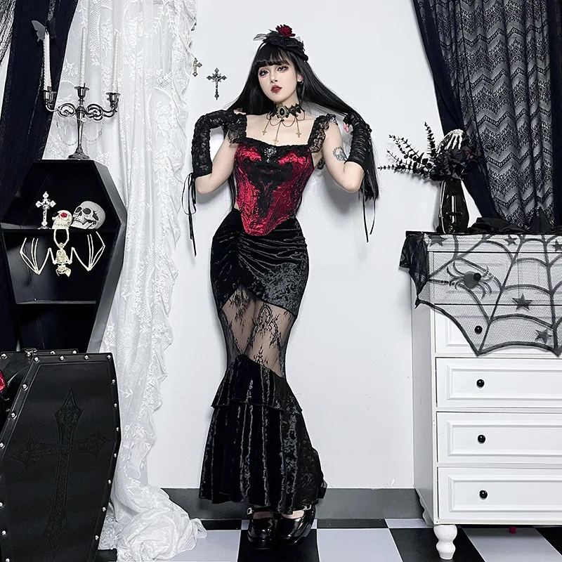 2026 New Vintage Women Gothic Velvet Midi Skirt Retro Ruched Sheer Lace Panel Ruffle Hem Bodycon Mermaid Dark Punk Party Skirts