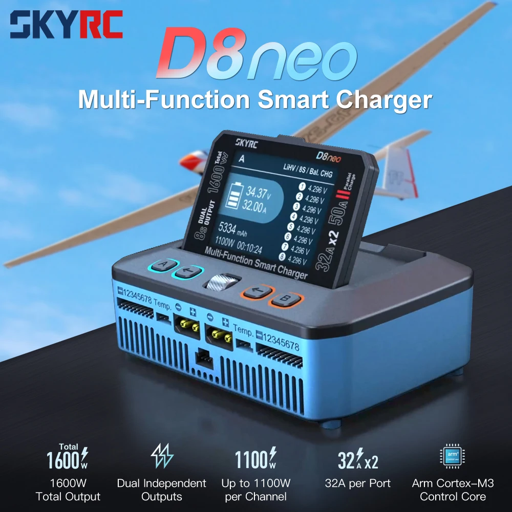 

SKYRC D8neo Smart Charger Dual Outputs 1-8S 240x320Pixel Multi-Function Charger For LiPo LiFe Li ion LiHV Pb NiMH and NiCd