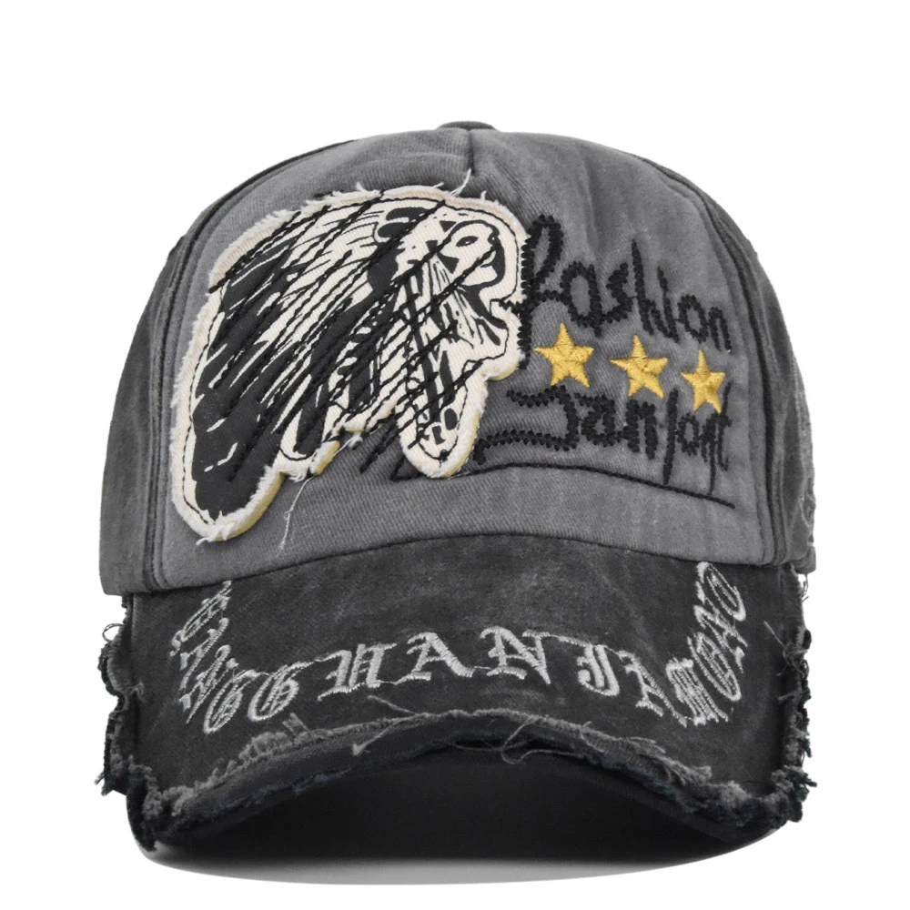 Baseball Cap Sun hat Washed denim baseball cap Indians Skull Embroidery Spring Autumn baseball Sport cap Hip Hop Fitted Cap