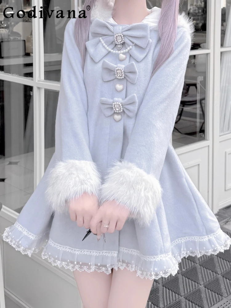

Japanese Mine Sweet Lolita Woolen Coats Winter Girl Sweet Bow Removable Plush Hat Long Coat Women Christmas Y2k Lolita Overcoats