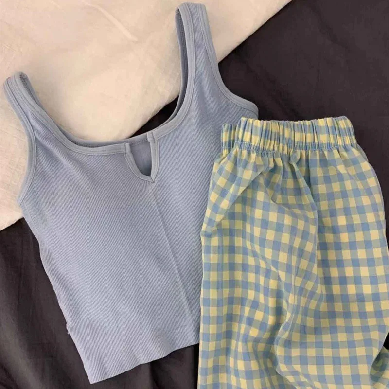 

Sling Pajama Sets Y2k Streetwear Women Crop Tops Shorts Summer with Chest Pads Sleeveless Tank Top Shorts Loungewear Two-piece