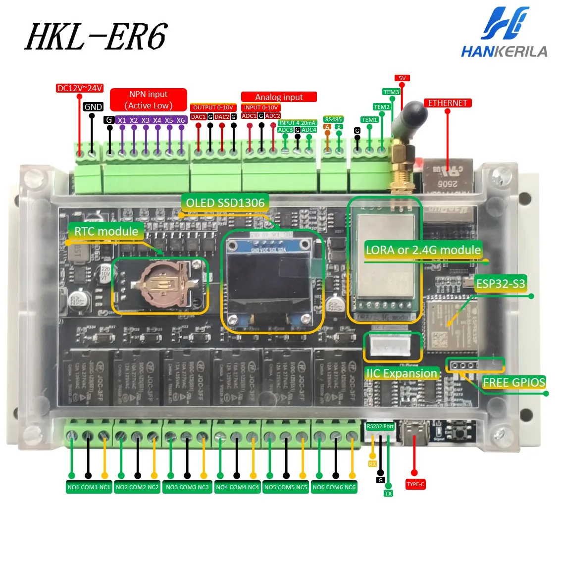 Image 3: La carte relais ESP32-S3 ER6 LORA IIC comprend ESPhome et ARDUINO IDE RS485/RS232/0-10V et entrée 4-20ma, support d'affichage OLED MQTT