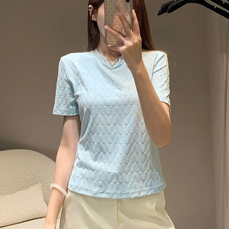 

Summer Women Short Sleeve V Neck Cotton T Shirt Casual Letter Jacquard Slim Fit Top