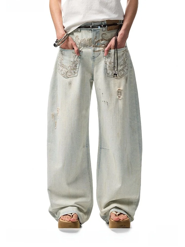 

Low Waist Distred Mud Dye Wide Leg Jeans Women's Sle Casual JINN STUDIO Summer Faion Ladies Loose Fit Denim Pants