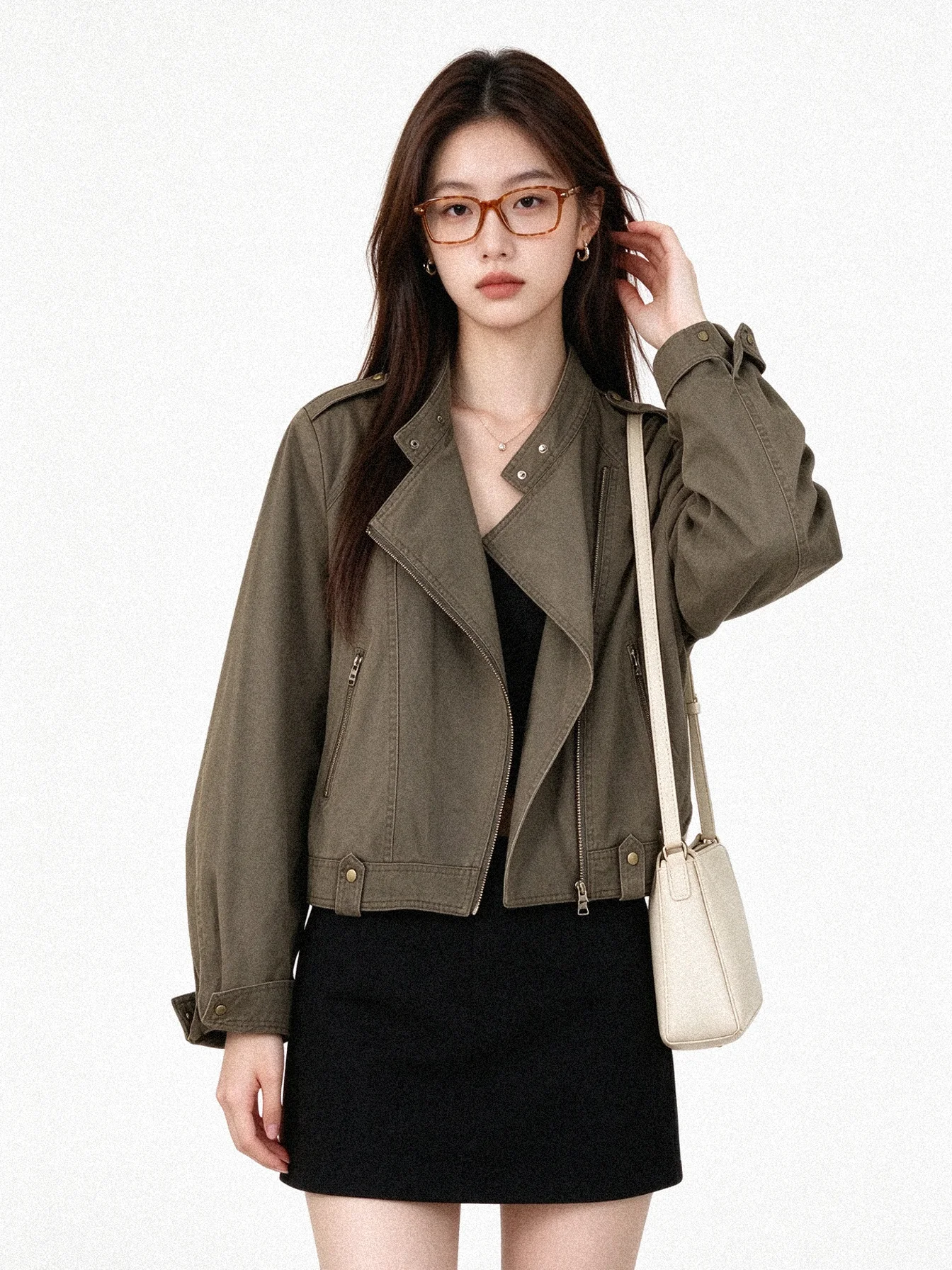 Retro Korean Style Short Motorcycle Jacket Vintage Worn-look Loose Fit Versatile Autumn Workwear Coat for Women