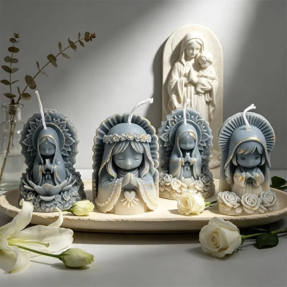 3D Bless Virgin Mary Figurine Silicone Candle Mold Christian Prayer Lotus Holy Virgin Mother Madonna Statue Mold for Baptism