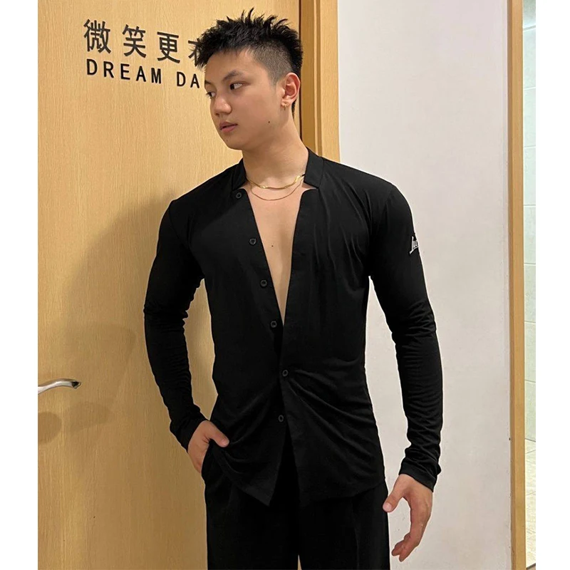 Chemises de danse latine pour hommes, manches longues, hauts noirs, col en V, professionnel, Rumba, salle de bal, pratique, vêtements de compétition, nouvelle collection