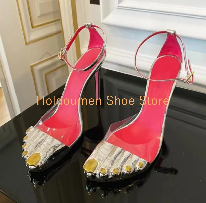 New Pointed Toe Golden Five Toes Sandals Spliced Material High-Heeled Mules Ankle Black Butterfly Knot Decor Designer Heel Shoes
