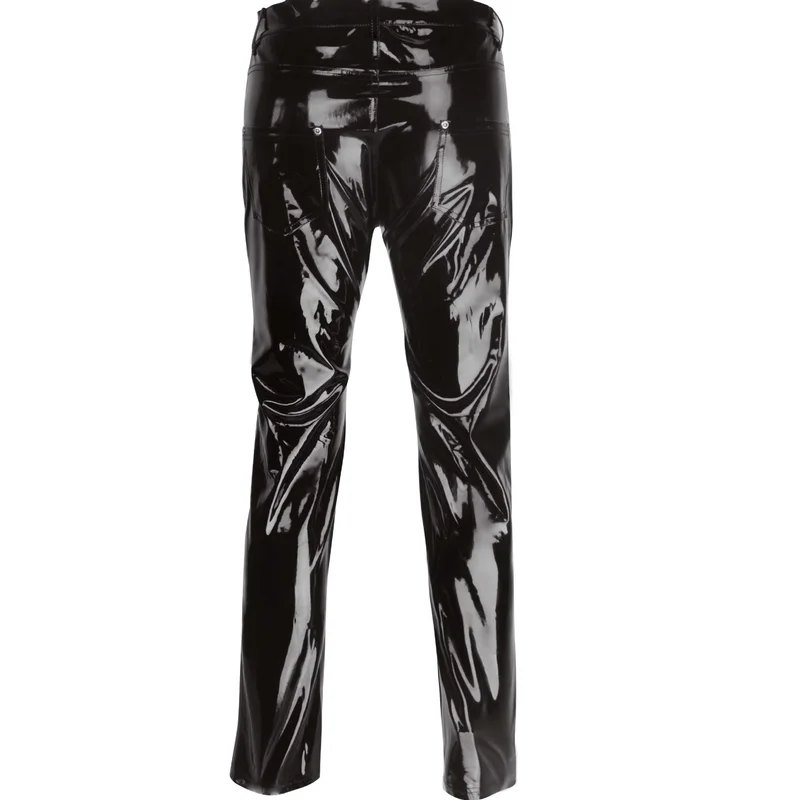 Black Party Stage Performance Slim Fit Biker Faux Leather Pants Shiny PVC Latex Trousers Fashion Motorcycle Mens Pants