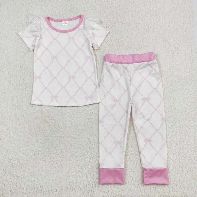 

GSPO1517 New RTS Western Bamboo Pajamas Bows Lace Pink White Short Sleeve Pants Sets Boutique Wholesale Girls Clothing Sleepwear