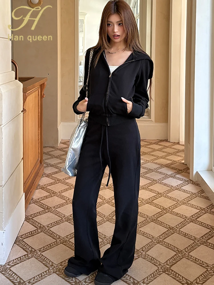

H Han Queen 2025 Chic Autumn Winter 2 Piece Set Women Elegant Hooded Sweatshirt Top + Wide Leg Pants Korean Casual Pants Sets