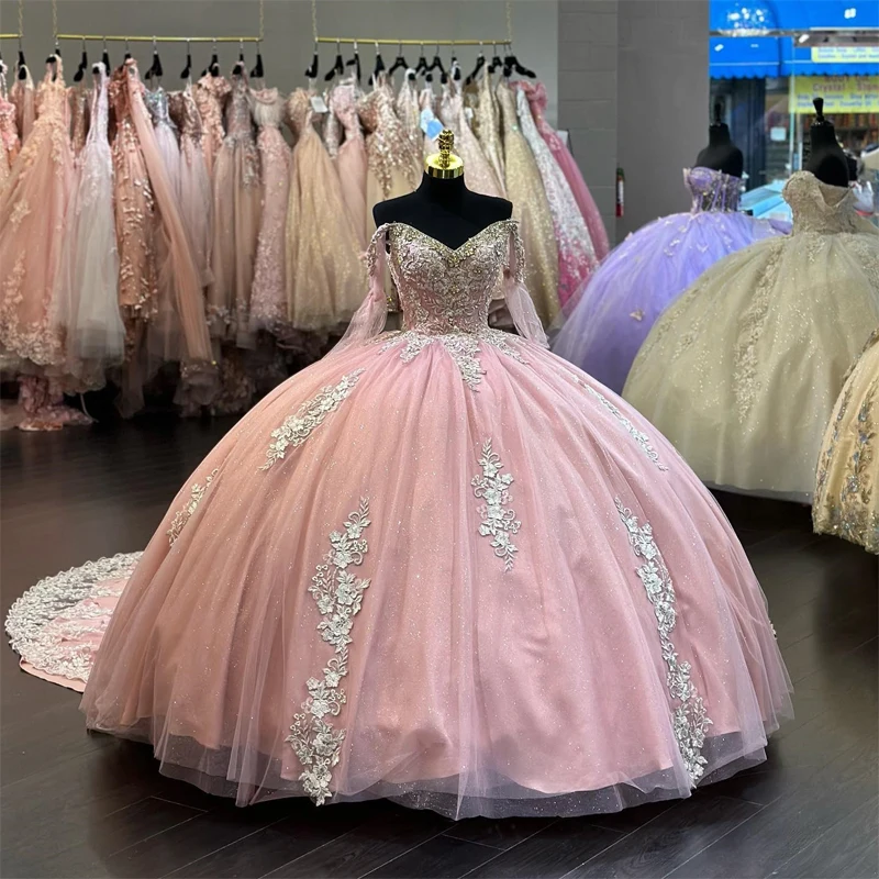 ANGELSBRIDEP Rosa Quinceanera Vestidos Com Mão Ouro 3D Flor Apliques Renda Cinderela 16 Princesa Vestidos De 15 Anos