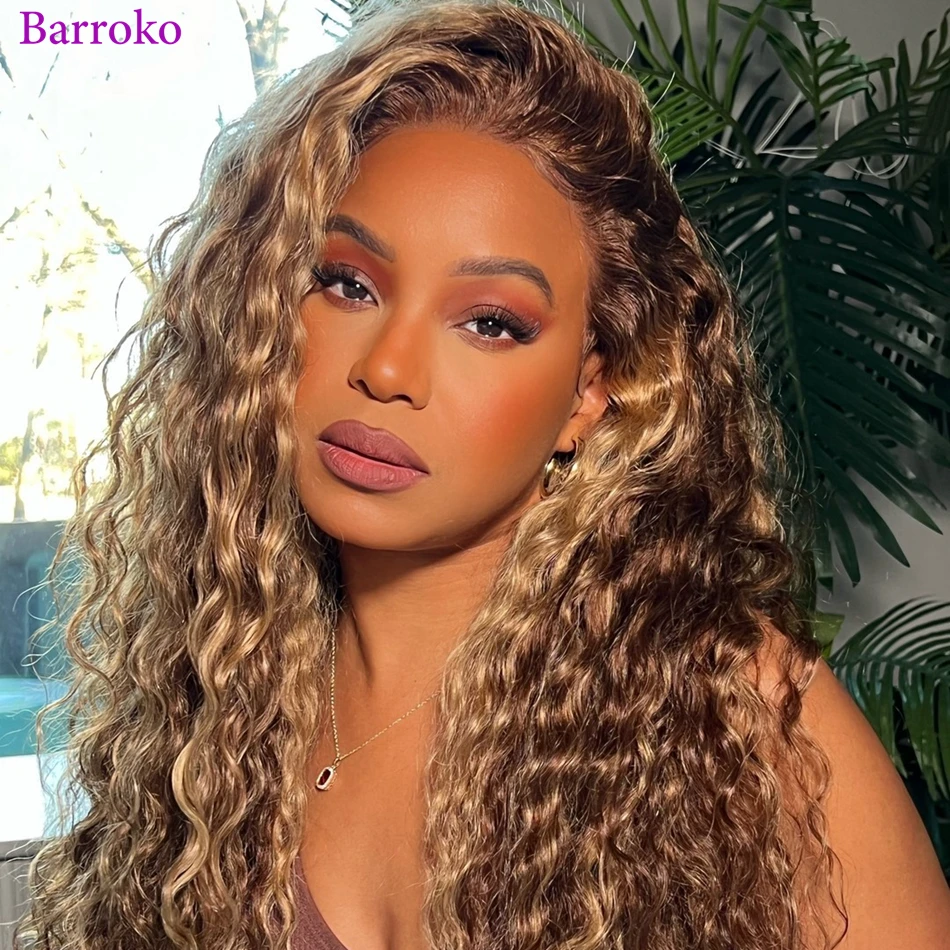 Barroko Honey Blonde Highlight Lace Wig Water Wave Transparent Lace Frontal Human Hair Wigs 30 Inch Pre Plucked Brazilian Hair