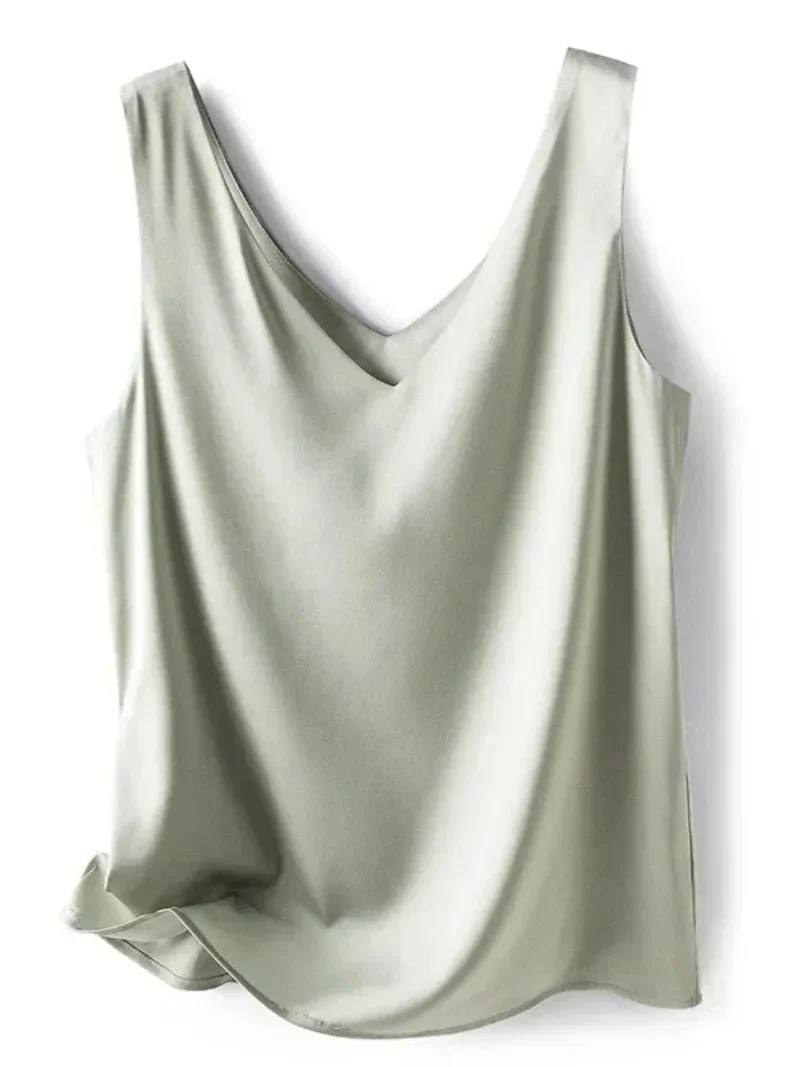 Woman T-shirts Elegant SILK Satin Blouse Sleeveless Female Summer 2024 Casual Loose Tanks and Camis Solid Green Tops for Women