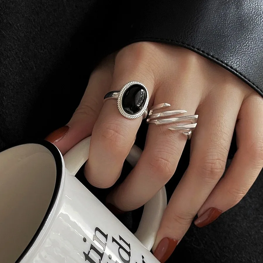 

Fashion Silver Geometric Black Stone Rings for Women Girls Simple Korean Fashion Hollow Adjustable Handmade Ring Couple Gifts