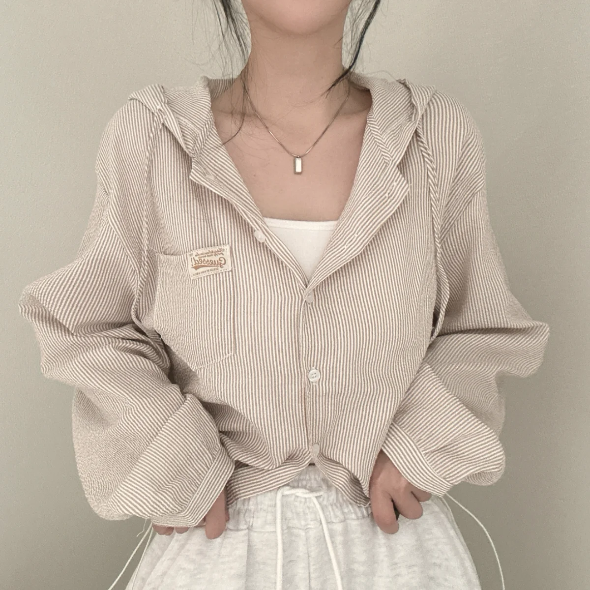 Elegant Retro Letter Patchwork Long Sleeve Striped Hooded Shirt Jacket Women's Fashionable Versatile Polyester Fibre Outerwear