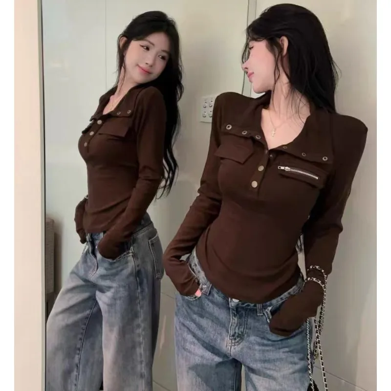 High-neck Long-sleeved T-shirt Spicy Girl Style Women Look Slimmer Cinched Waist Autumn Winter Pair Designed Figure-hugging Top