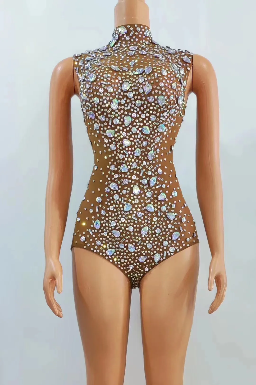 

Sexy Stage Sparkly AB Crystals Bodysuit Mesh See Through Rhinestones Rompers Stage Birthday Dance Evening Photoshoot Outfit