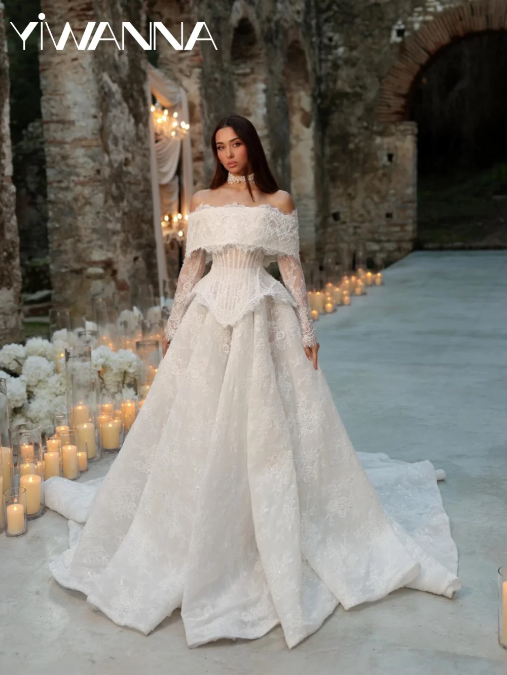 

With Corset White Beaded Wedding Dress Dreamy Lace A-line Long Bridal Gown Customized Luxury Off Shoulder Dresses For Bride