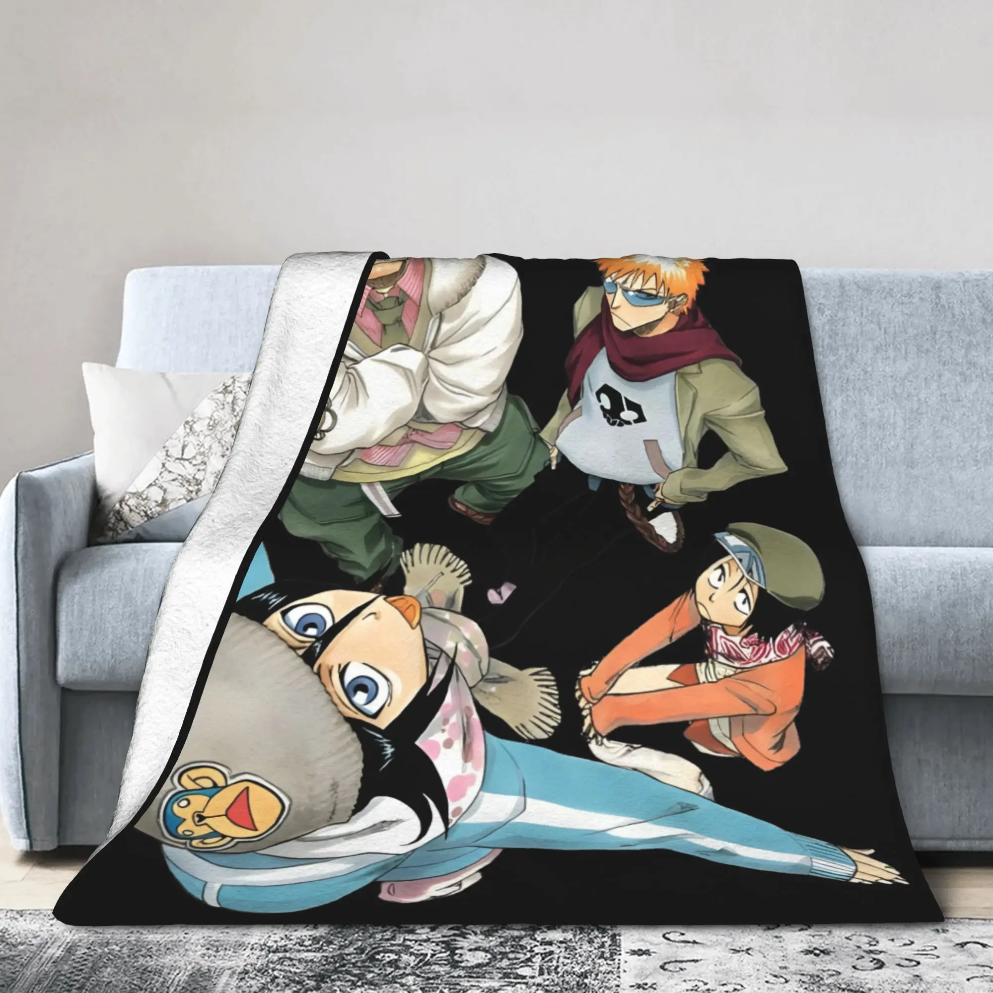 Ichigo Rukia Kuchiki Renji Abarai Uryu Ishida Flannel Blankets Bleaches Anime Funny Throw Blankets for Home Hotel Sofa Quilt