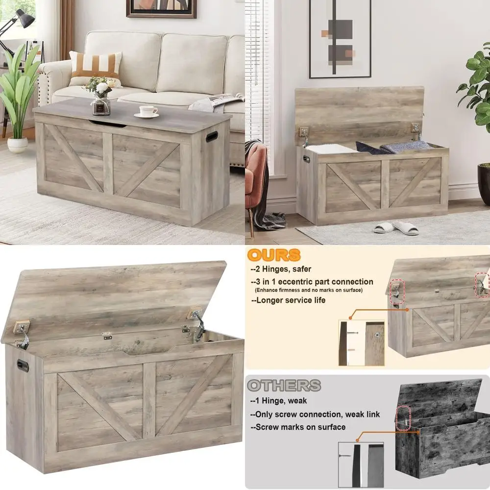 Large Wooden Storage Trunk with 2 Safety Hinges, Grey Entryway Shoe Bench for Living Room and Bedroom