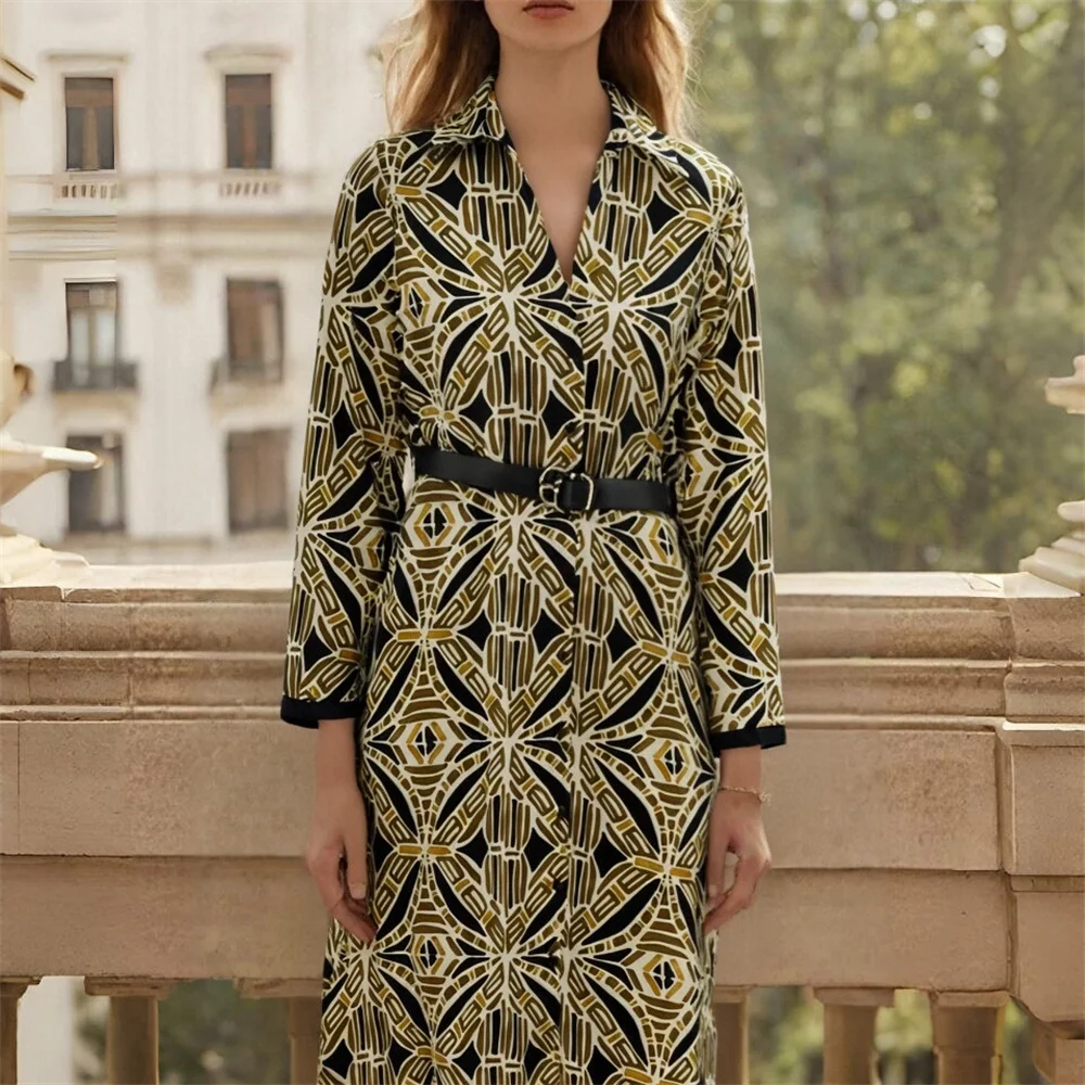 

PB&ZANew Arrival Women's Long Sleeve Shirt Style Midi Dress with Geometric Pattern Belted Design and Border Trim