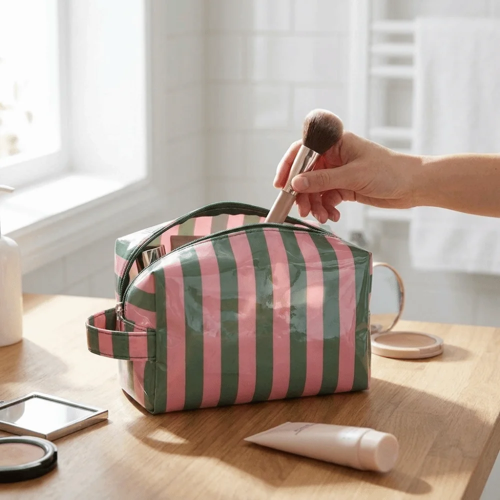 New Waterproof Striped Toiletry Bag Pink Large Capacity PVC Makeup Organizer Portable Simple Toiletry Storage Bag Business Trip