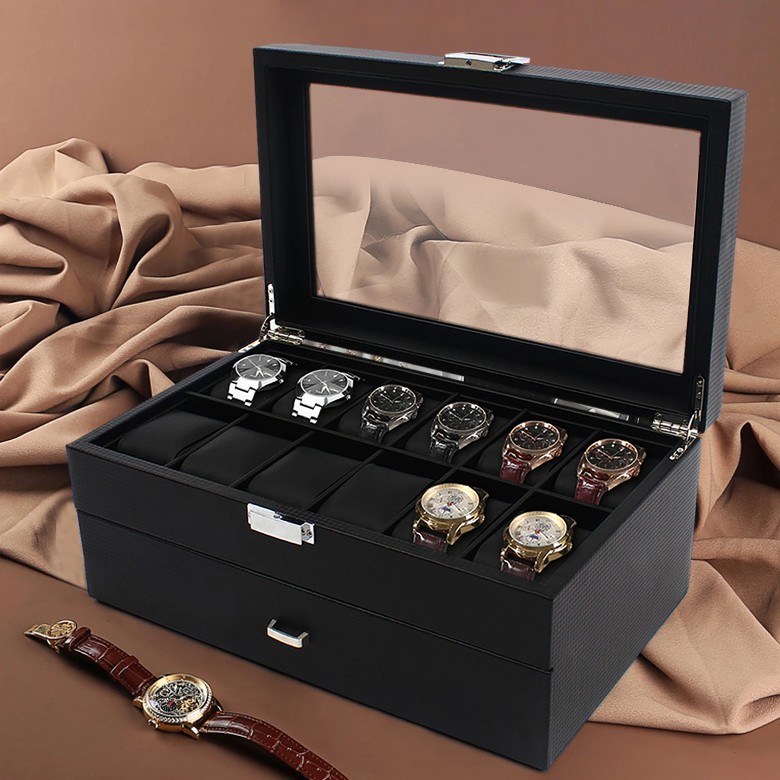 

[Watch Box] 24 Compartment Wood Carbon Fiber Glass Top Watch Box - Large Storage Versatile for Home Display