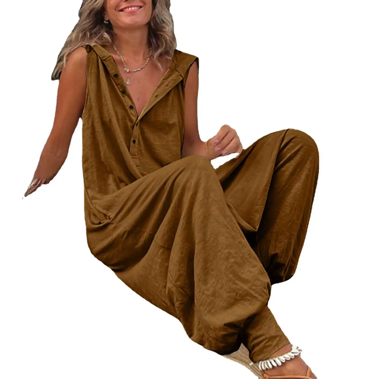 Loose Casual Jumpsuit Buttoned Hoodie Svel Wide Leg Pants Summer Comfortable One-Piece Suit Asymmetrical Flared Trousers