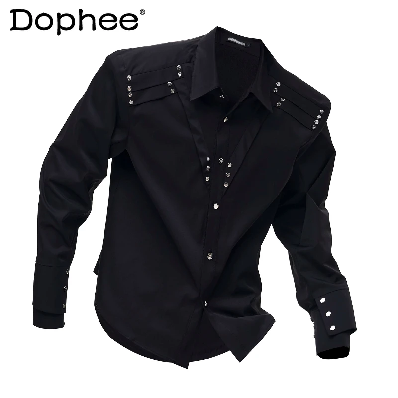 

Fashion Rivet Design Long Sleeve Shirts Men's 2026 Spring Summer Solid Color Shirts Lapel Single Row Multiple Buttons Chic Tops