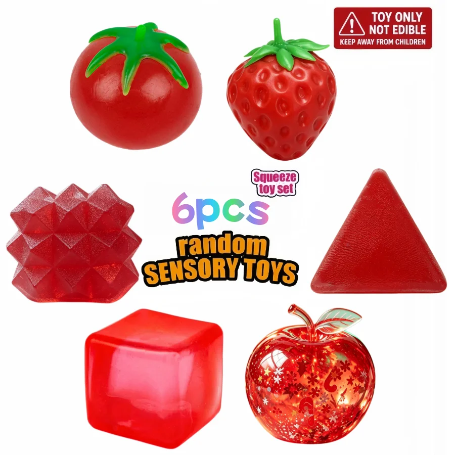 6Pcs Random Red Squishy Sensory Toys, Fruit & Geometric Shapes Squeeze Fidget Toy Set, Stress Relief Squeezing Balls for Kids Pa