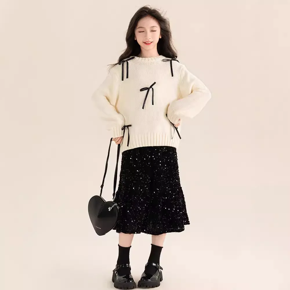 Girls Suits Children 2024 New Autumn Collection Sweater Top and Black Skirt Two-piece Set Clothes Korean Simple Style Suits