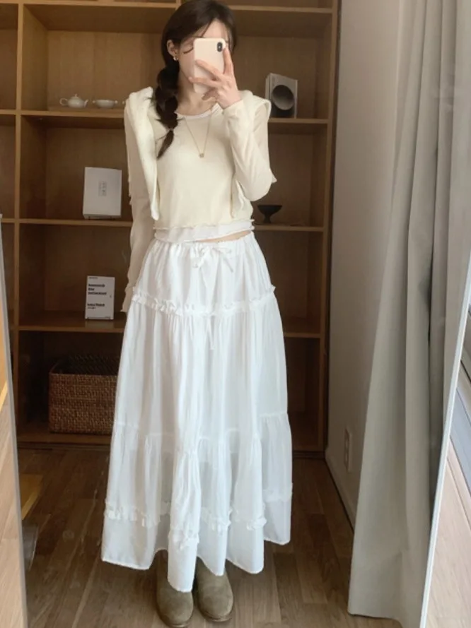 

Белая юбка-тортик с бантом, женская новинка 2025, летняя милая балетная юбка трапециевидной формы с рюшами и высокой талией, однотонная длинная юбка