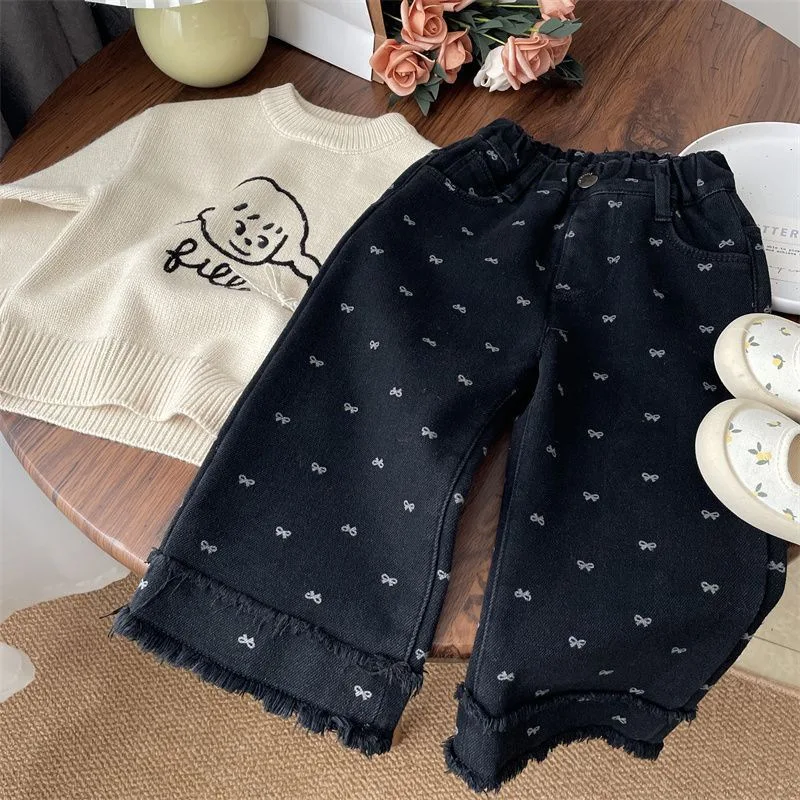 Girls' Winter Jeans Baby Children's Thickened Integrated Velvet Bow Rough Edge Wide-leg Pants Fashion