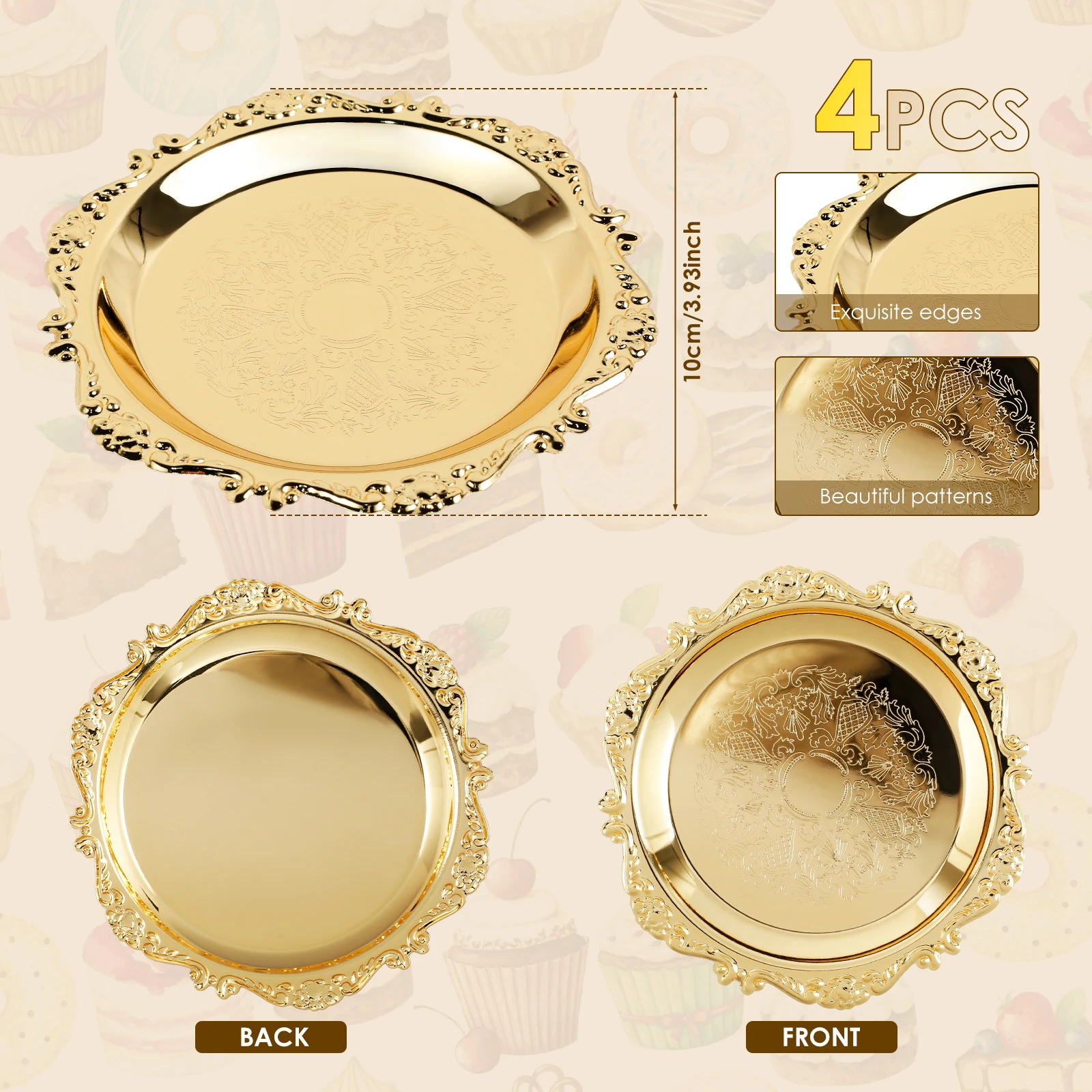4 Pcs Iron Golden Trays Flower-shape Desserts Plate Retro Jewelry Dish Decorative Serving Plate for Wedding Party Afternoon Tea