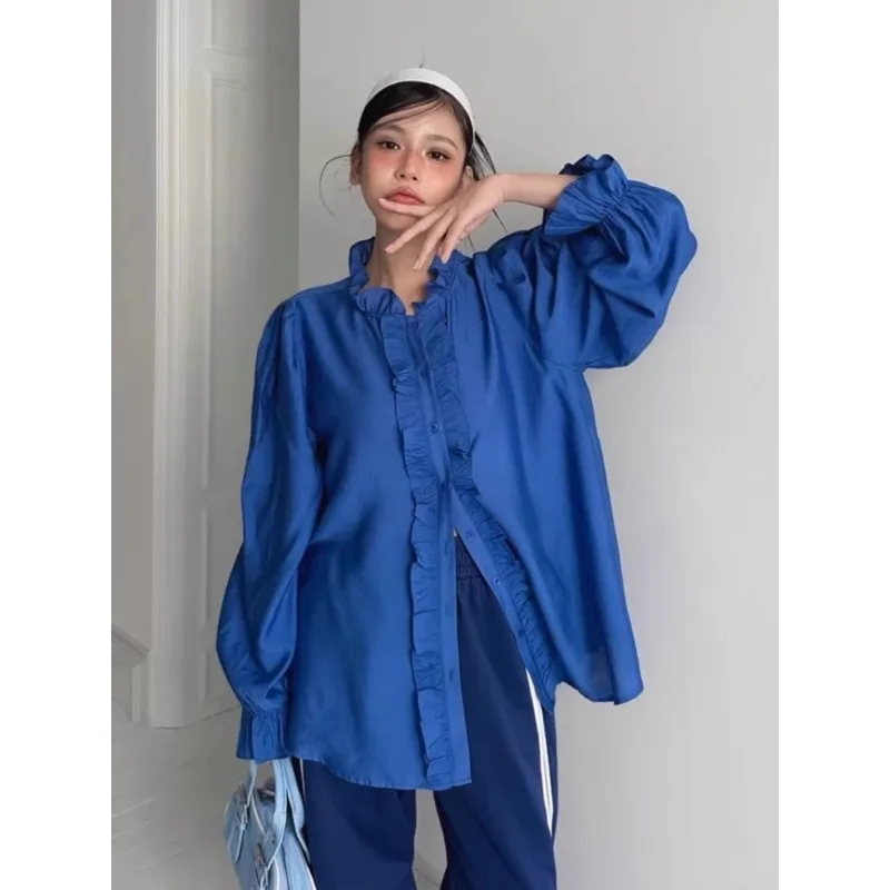 

SuperAen Korean chic spring new retro stand-up collar loose splicing edge blue long-sleeved shirt women