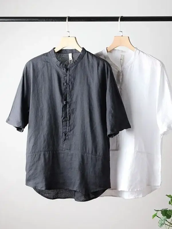 

Linens Summer New Chinese Style Men's Casual Shirt Breathable Drape Short Sleeve Men's Fashion Standard Fit Button up Shirt