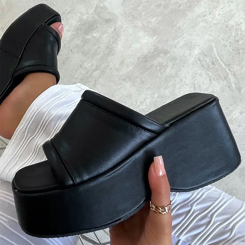 2022 Women\'s Sandals Square Toe Leather Platform Ladies Shoes Summer Fashion Thick Bottom Female Slipper Woman Flip-flops