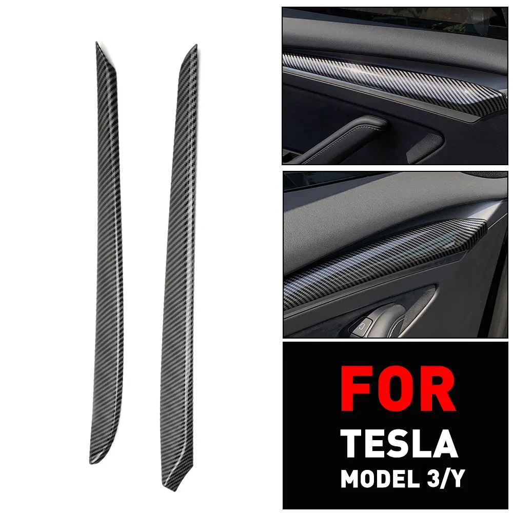 

For Tesla Model 3 Y 2020-2021 Gloss Carbon Fiber Inner Door Panel Cover Trim 2PC