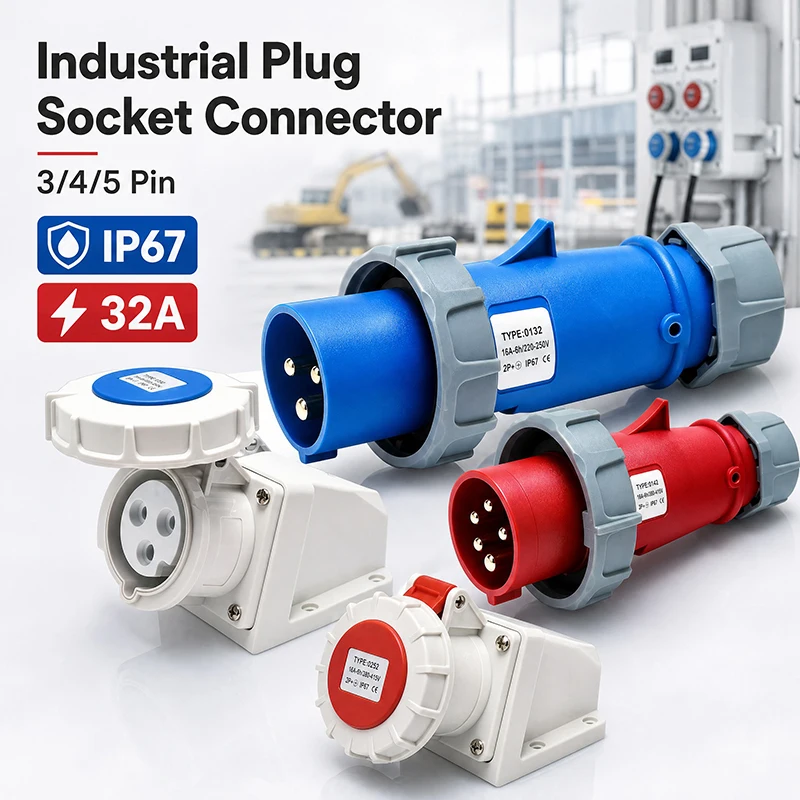 Heavy Duty IP67 32A Industrial Connector 3 4 5 Pin - Male Female Plug Socket Pair 220V 380V Surface Mount Flush Install
